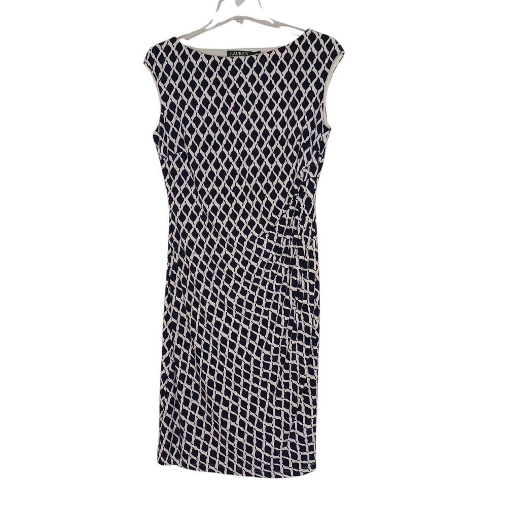 Lauren Ralph Lauren Stretch Jersey Side Gathered Geometric Print Dress Womens 10